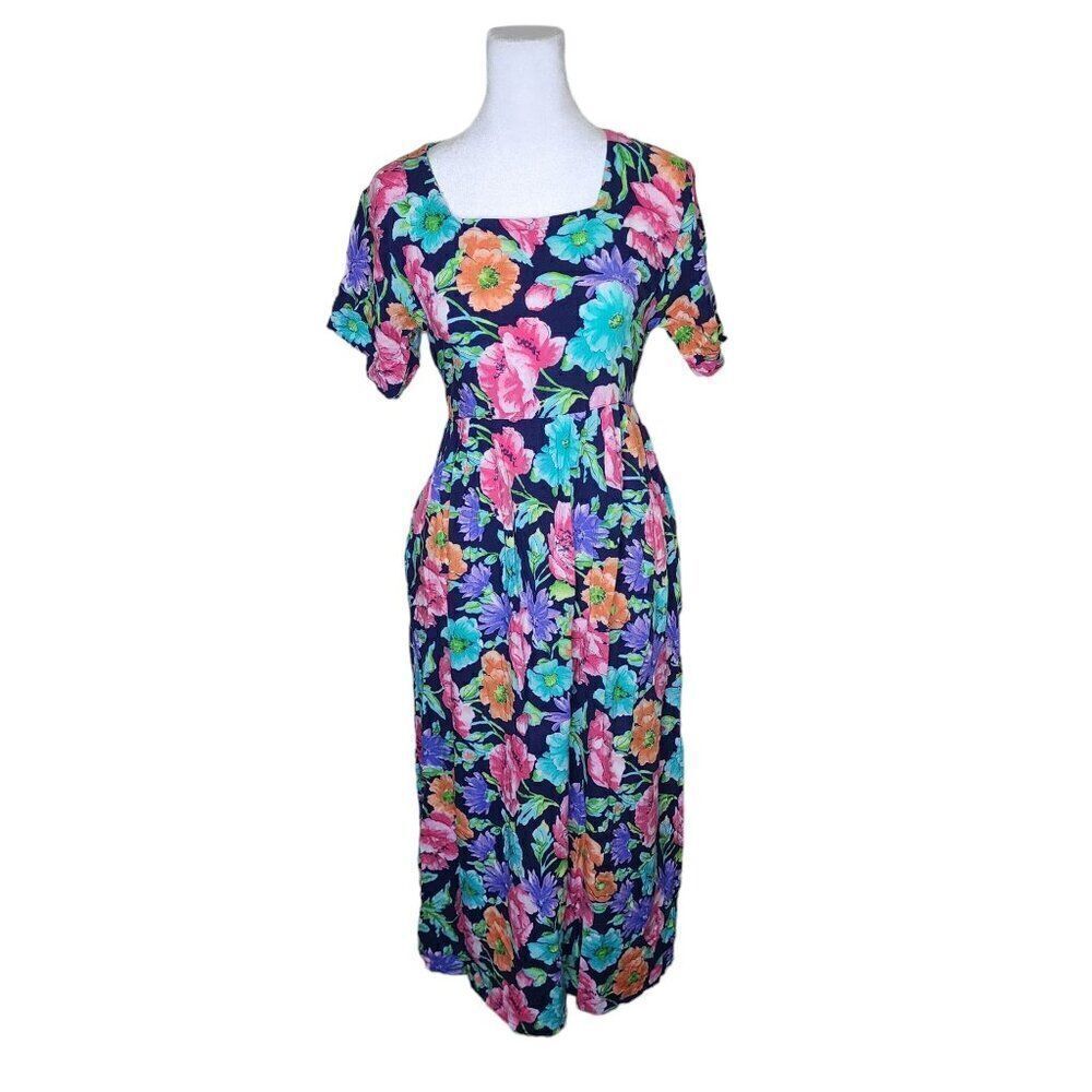 Vintage 80s Diane Von Furstenberg Sheath Dress Womens Size XS Black Floral Pocke
